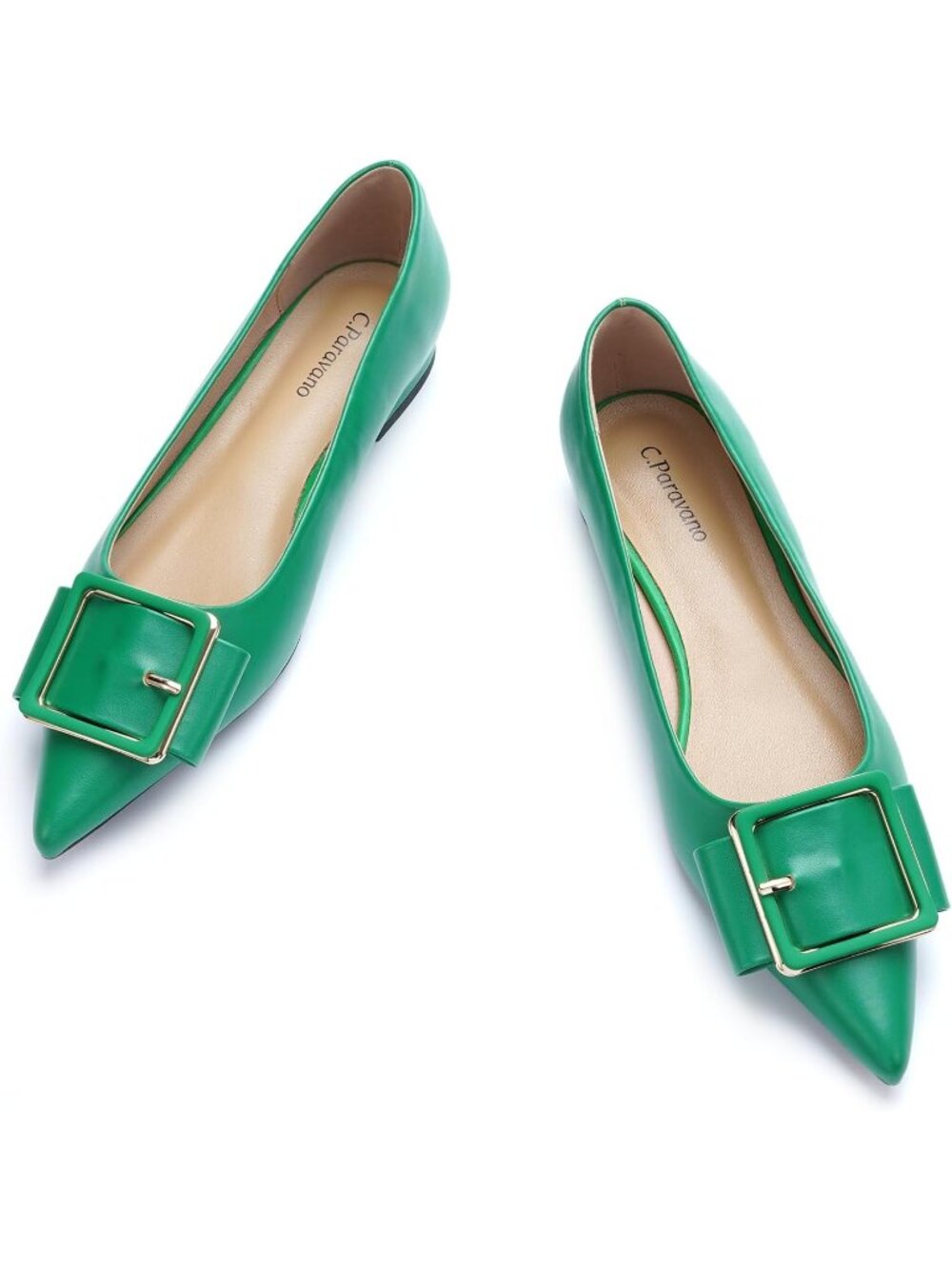 Women's Green Pointed Toe Square Buckle Flats Elegant Leather Office Dress Shoes